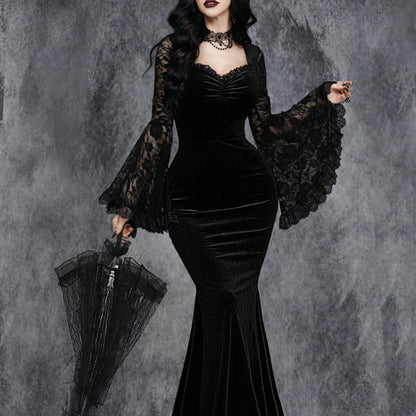 Halloween Gothic Lace Patchwork High-Waisted Flare Dress