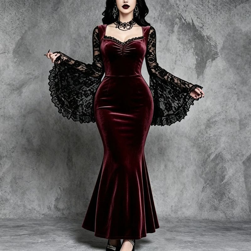 Halloween Gothic Lace Patchwork High-Waisted Flare Dress