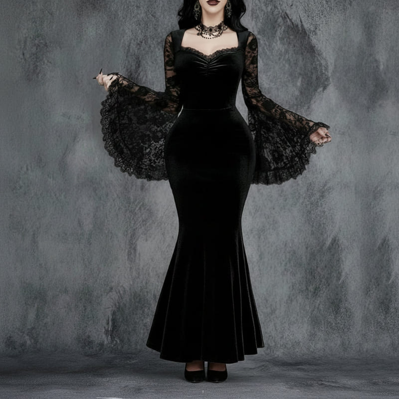 Halloween Gothic Lace Patchwork High-Waisted Flare Dress