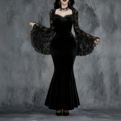 Halloween Gothic Lace Patchwork High-Waisted Flare Dress