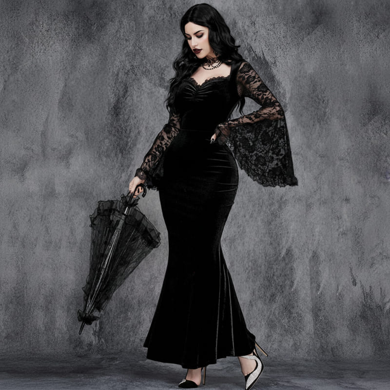 Halloween Gothic Lace Patchwork High-Waisted Flare Dress