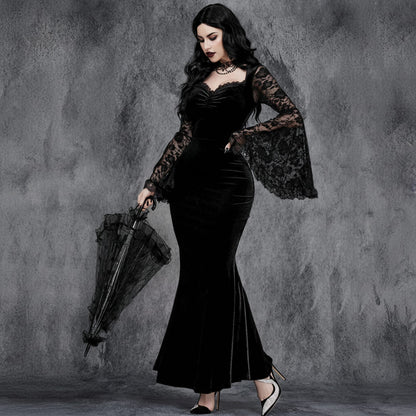 Halloween Gothic Lace Patchwork High-Waisted Flare Dress