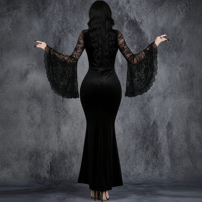 Halloween Gothic Lace Patchwork High-Waisted Flare Dress