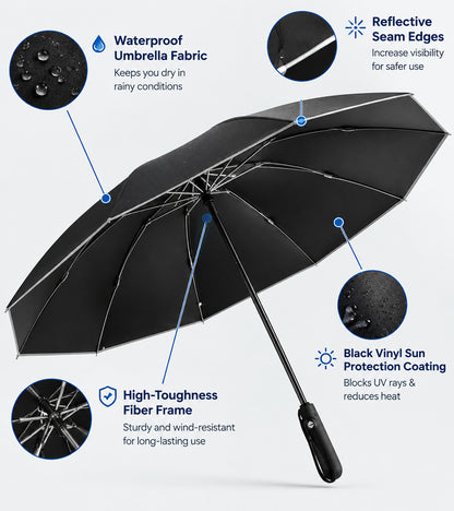 Auto-Open Reflective Umbrella | UPF50+ Sun & Rain Protection